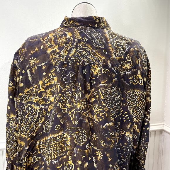 Details Express Plus Size 24 Shirt 100% Silk Button Front Floral Artsy Gray Gold - Picture 10 of 10